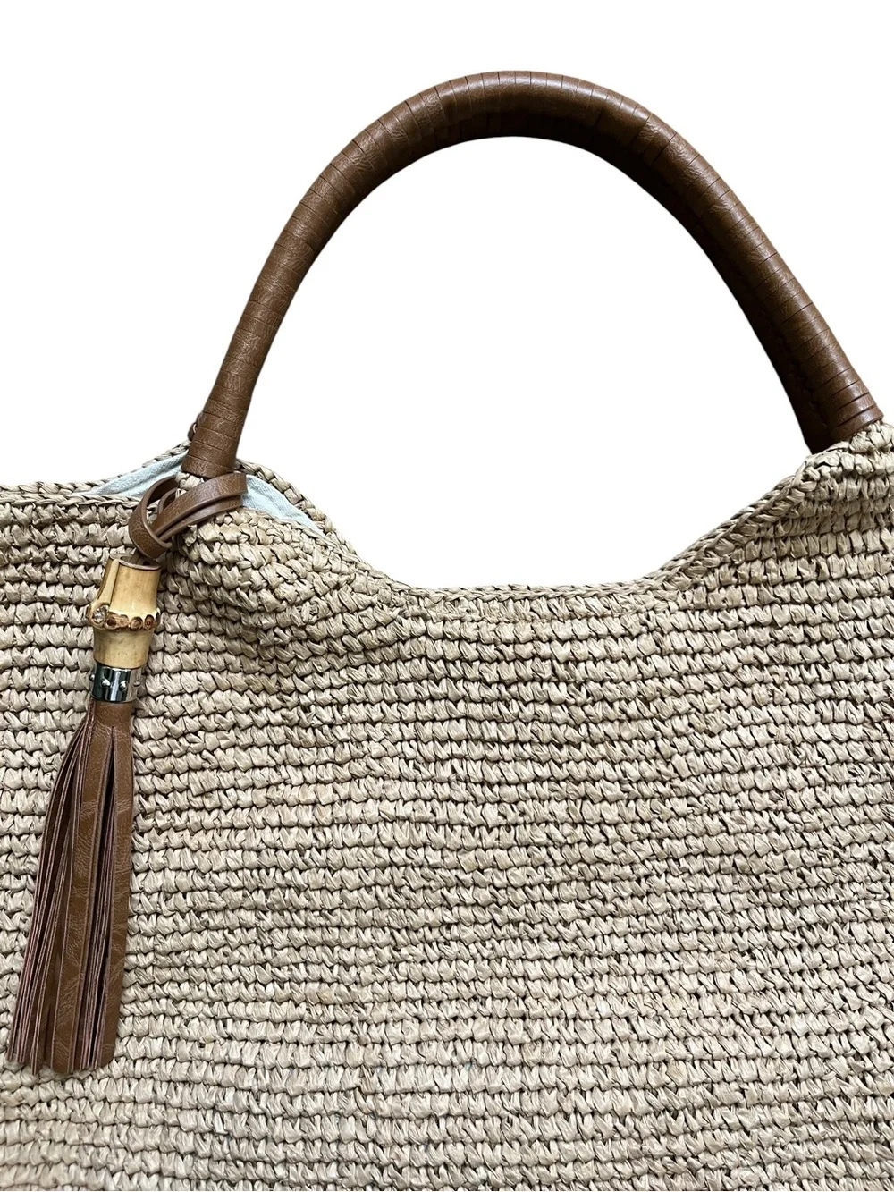 Tommy Bahama tan raffia straw hobo tote bag with linen lining